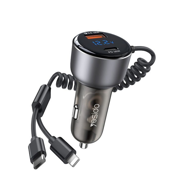 YESIDO 60W FAST CHARGING CAR CHARGER(BUILT- IN TC & LIGHTNING CABLE)